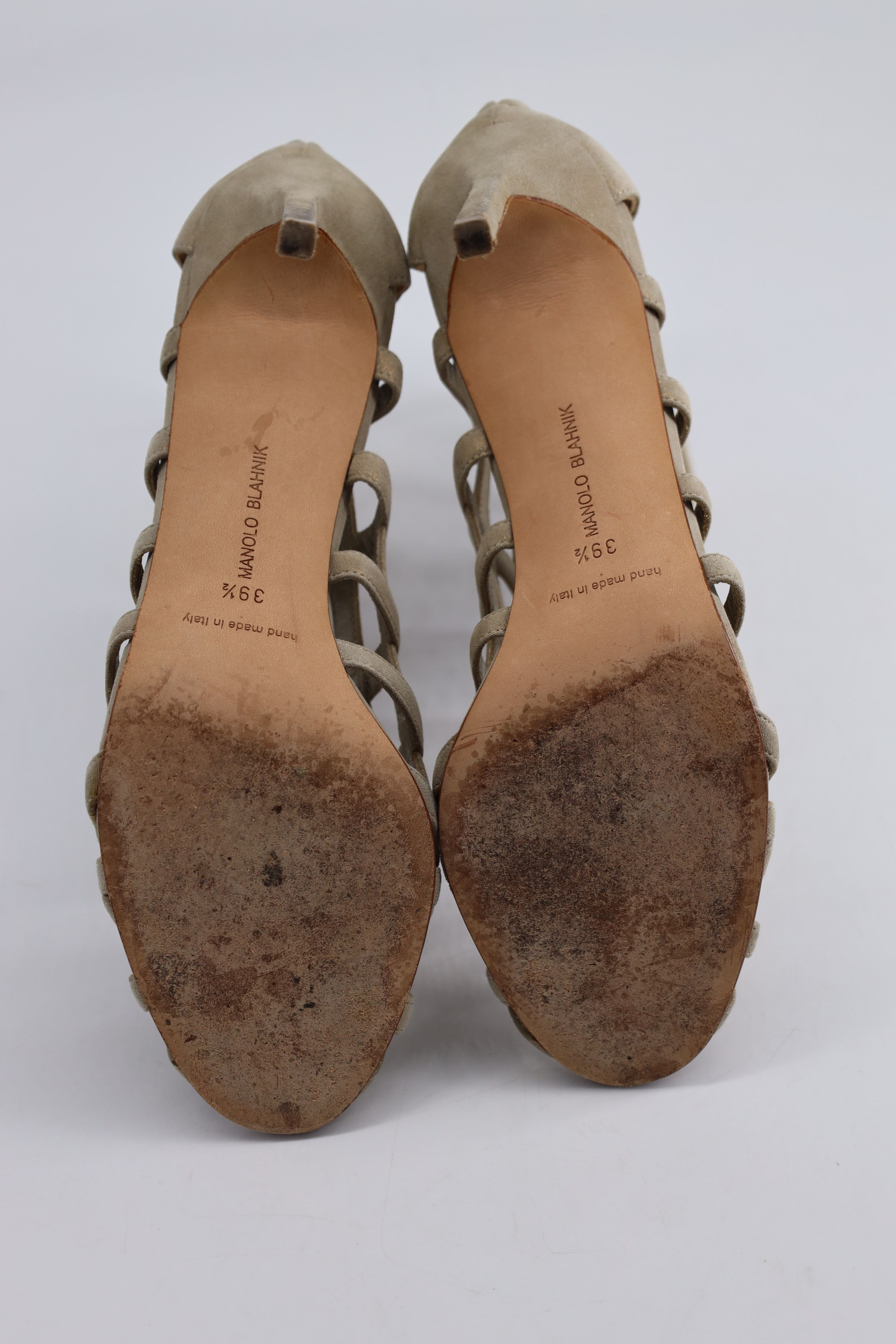 Women's Manolo Blahnik Vagibu Cage Ankle High Heel Sandals in Khaki Suede