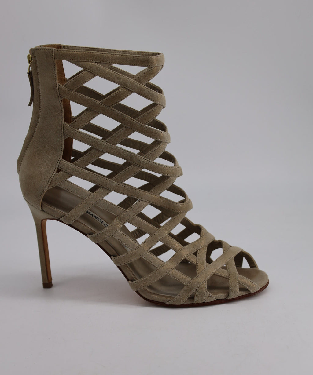 Women's Manolo Blahnik Vagibu Cage Ankle High Heel Sandals in Khaki Suede
