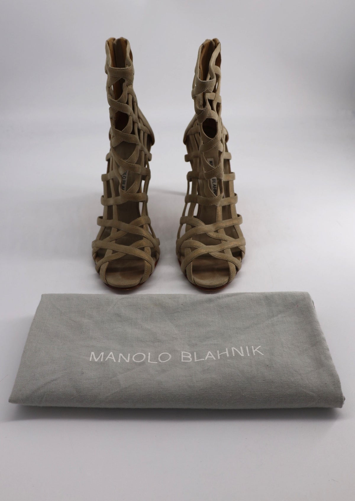 Women's Manolo Blahnik Vagibu Cage Ankle High Heel Sandals in Khaki Suede