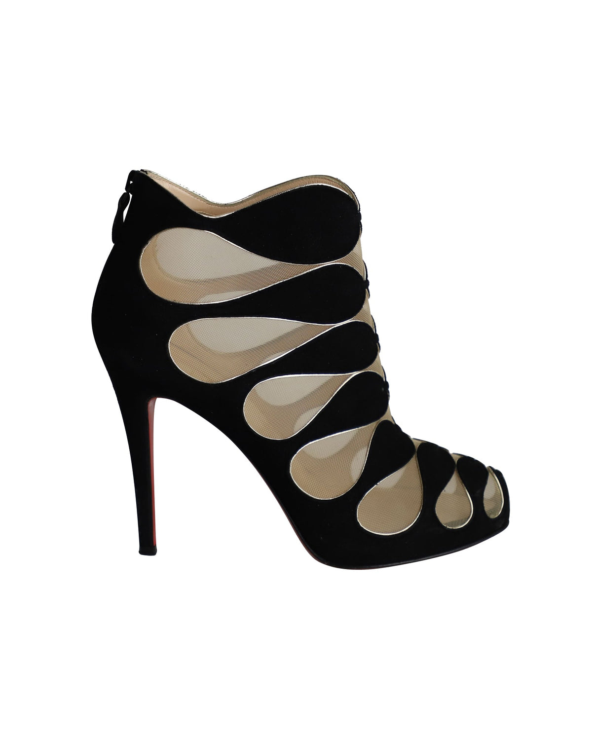 Women's Christian Louboutin Circus Mesh Cutout Ankle Boots in Black Suede