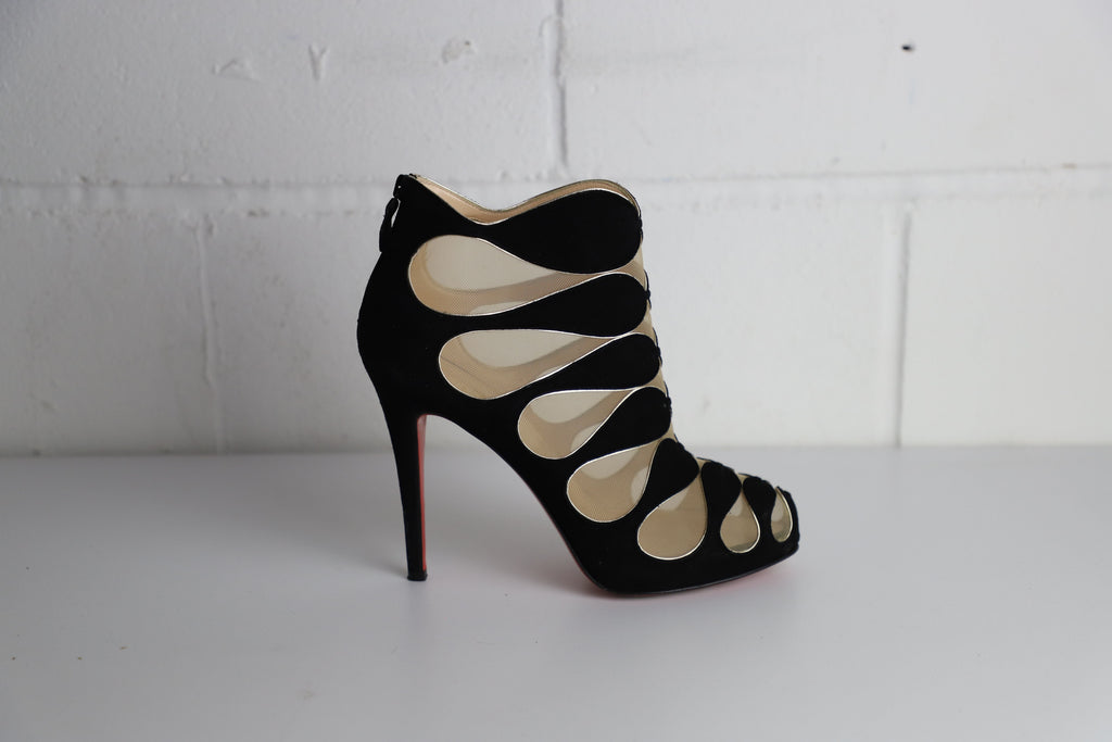 Women's Christian Louboutin Circus Mesh Cutout Ankle Boots in Black Suede