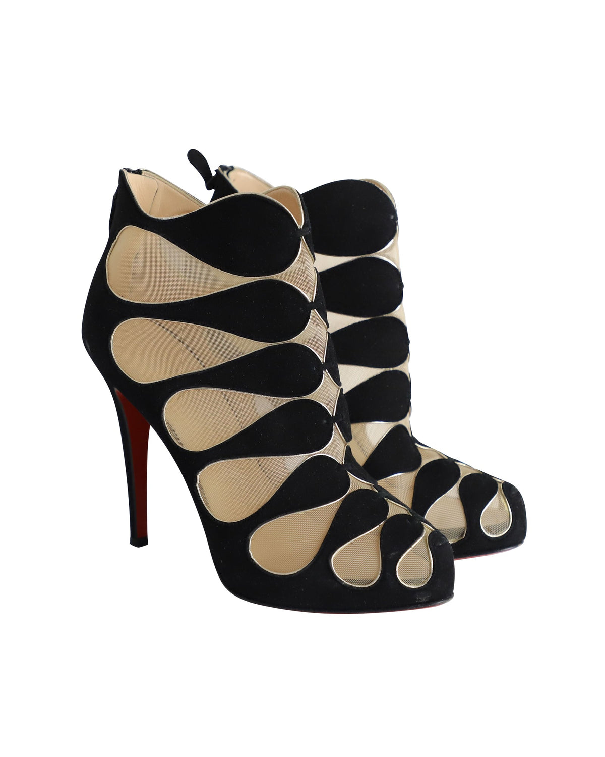 Women's Christian Louboutin Circus Mesh Cutout Ankle Boots in Black Suede