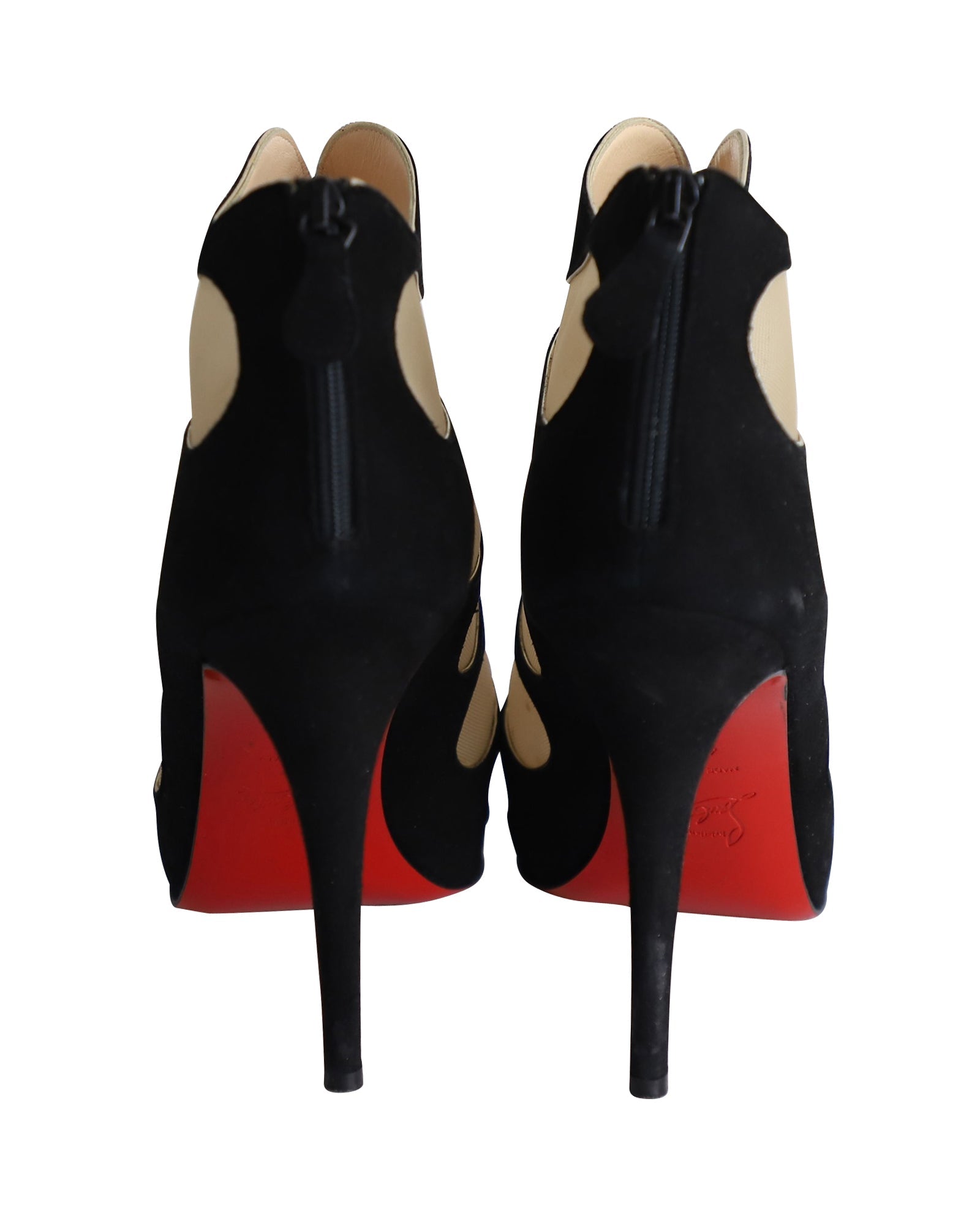 Women's Christian Louboutin Circus Mesh Cutout Ankle Boots in Black Suede
