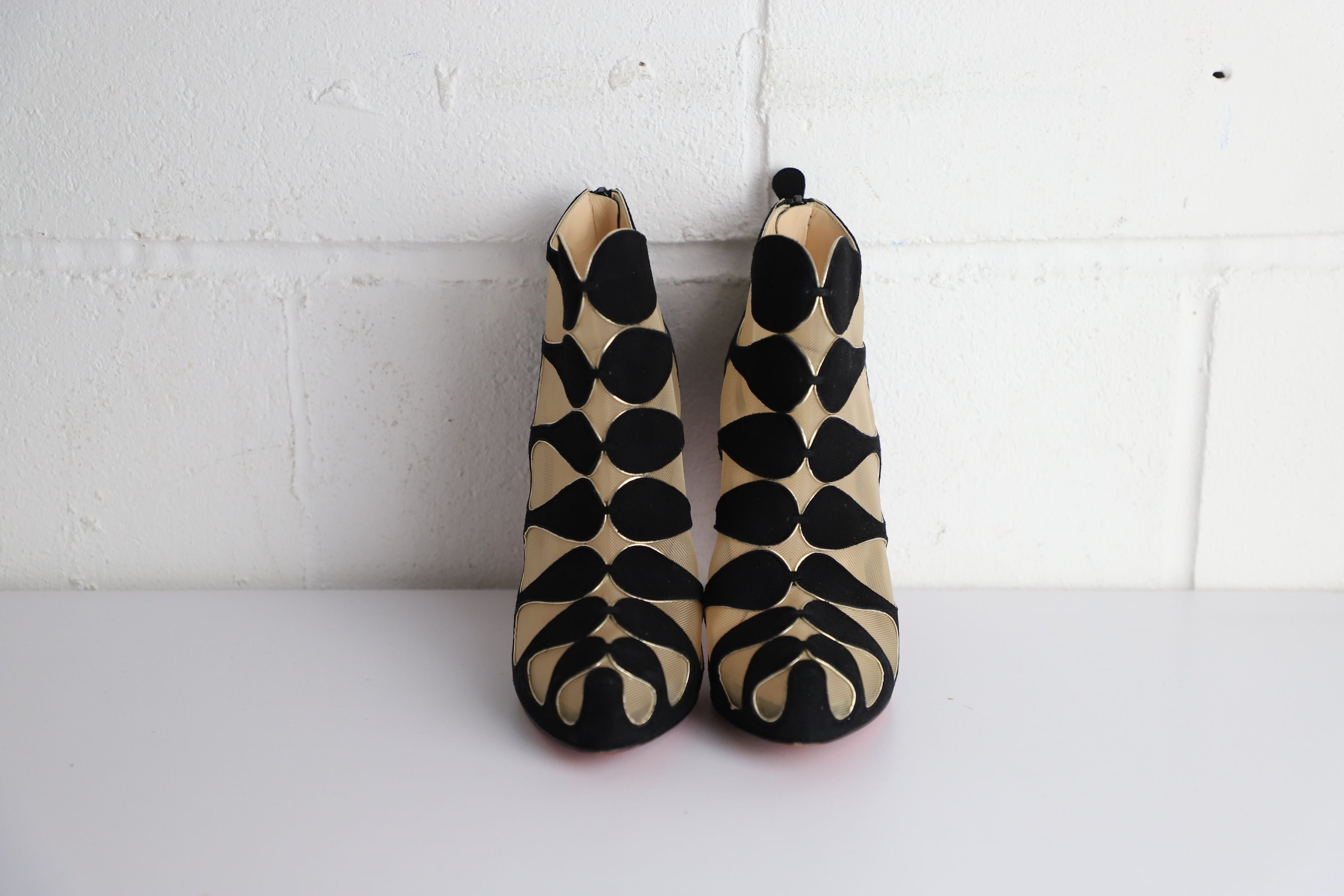 Women's Christian Louboutin Circus Mesh Cutout Ankle Boots in Black Suede