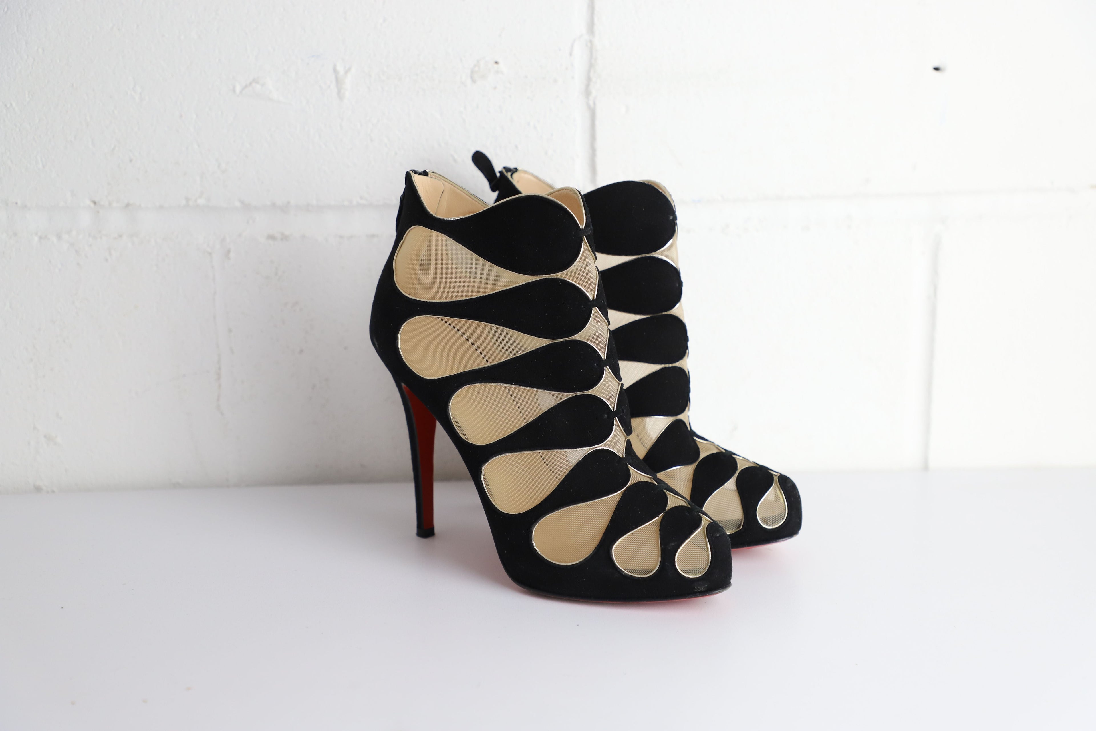Women's Christian Louboutin Circus Mesh Cutout Ankle Boots in Black Suede