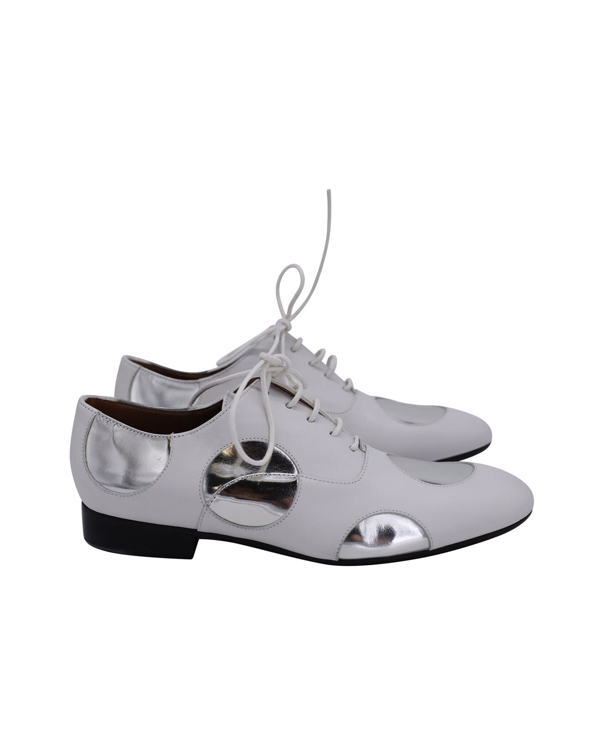 Women's Marni Polka Dot Lace Up Oxfords in White and Silver Leather