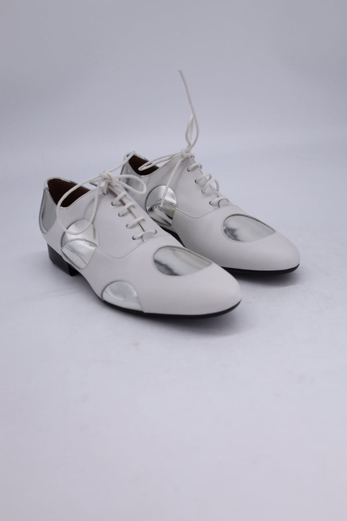 Women's Marni Polka Dot Lace Up Oxfords in White and Silver Leather