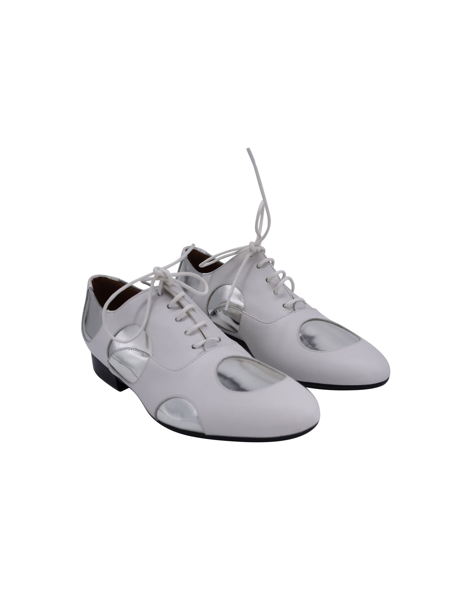 Women's Marni Polka Dot Lace Up Oxfords in White and Silver Leather
