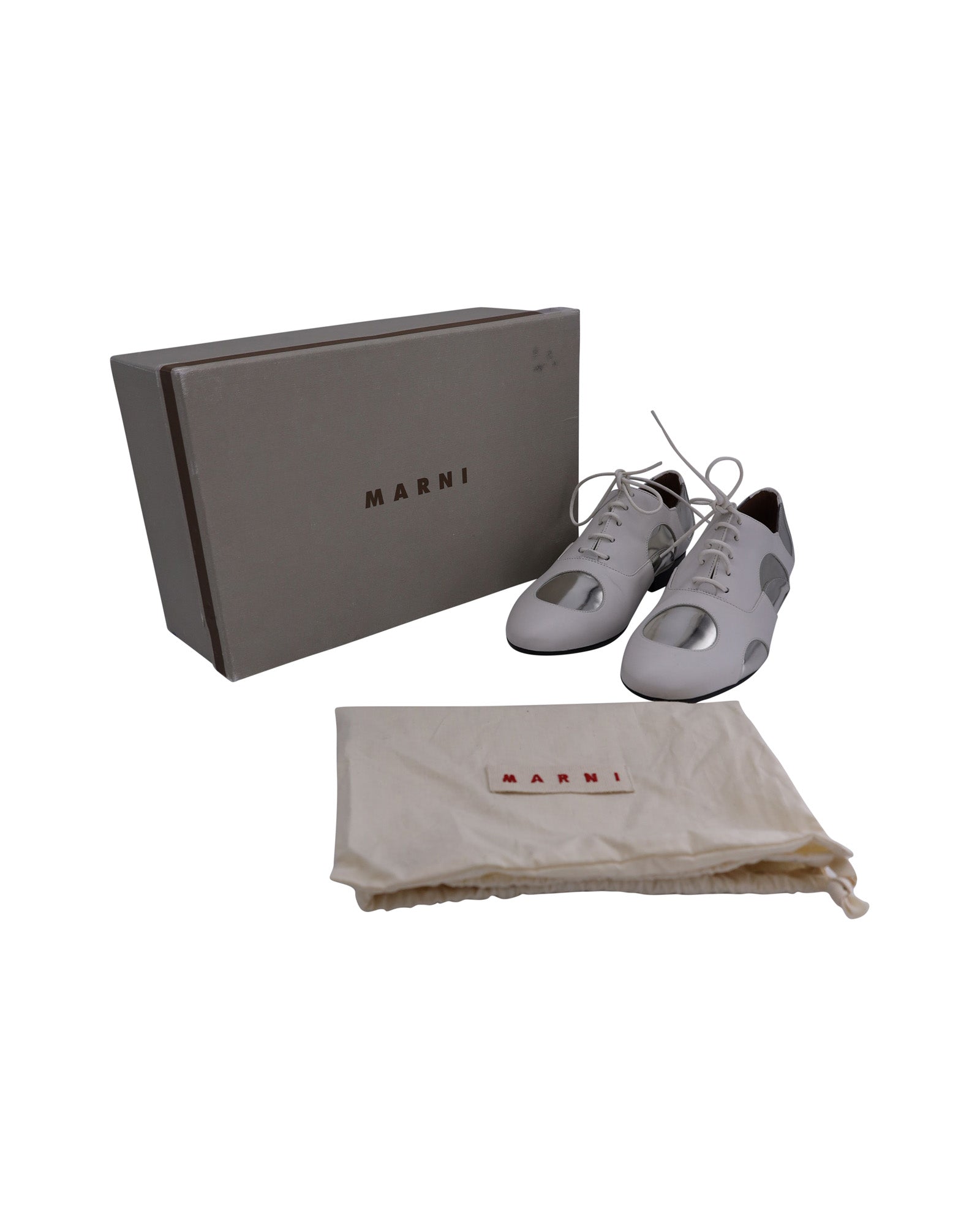 Women's Marni Polka Dot Lace Up Oxfords in White and Silver Leather