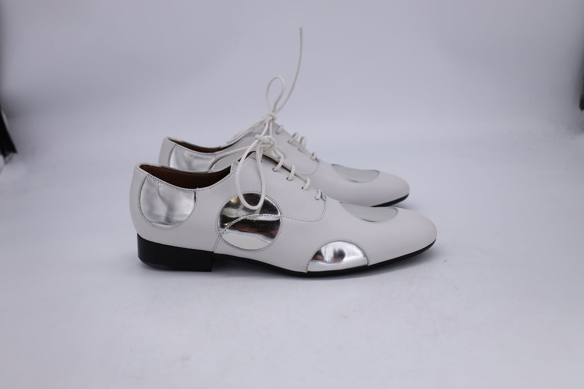Women's Marni Polka Dot Lace Up Oxfords in White and Silver Leather