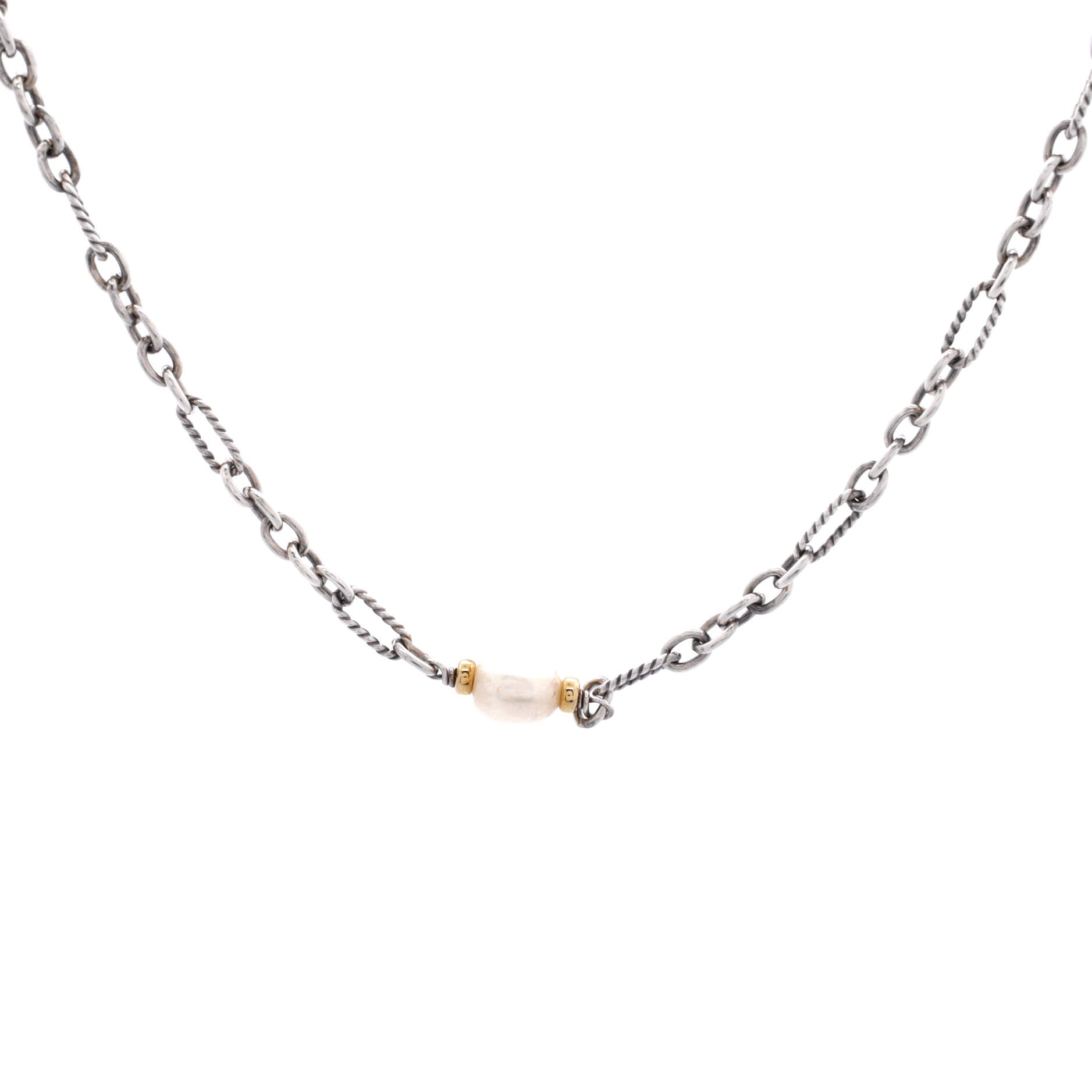 Figaro Chain Necklace Sterling Silver with 18K Yellow Gold and Pearls