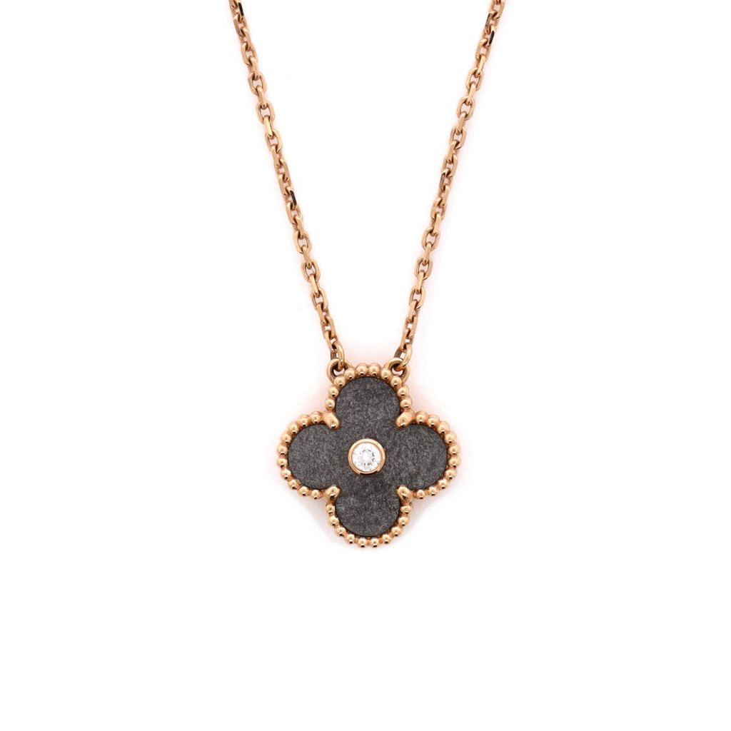Vintage Alhambra Pendant Necklace 18K Rose Gold and Silver Obsidian with Diamond