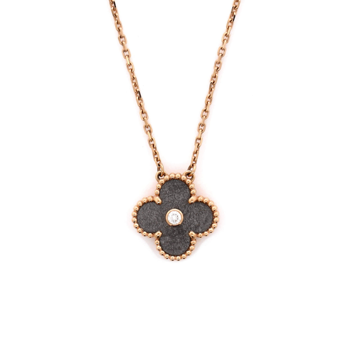 Vintage Alhambra Pendant Necklace 18K Rose Gold and Silver Obsidian with Diamond