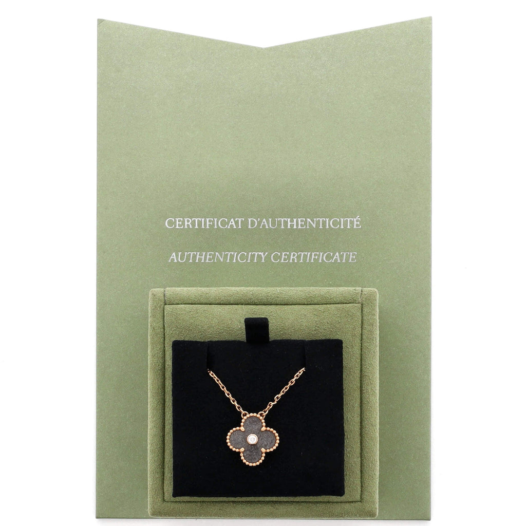 Vintage Alhambra Pendant Necklace 18K Rose Gold and Silver Obsidian with Diamond