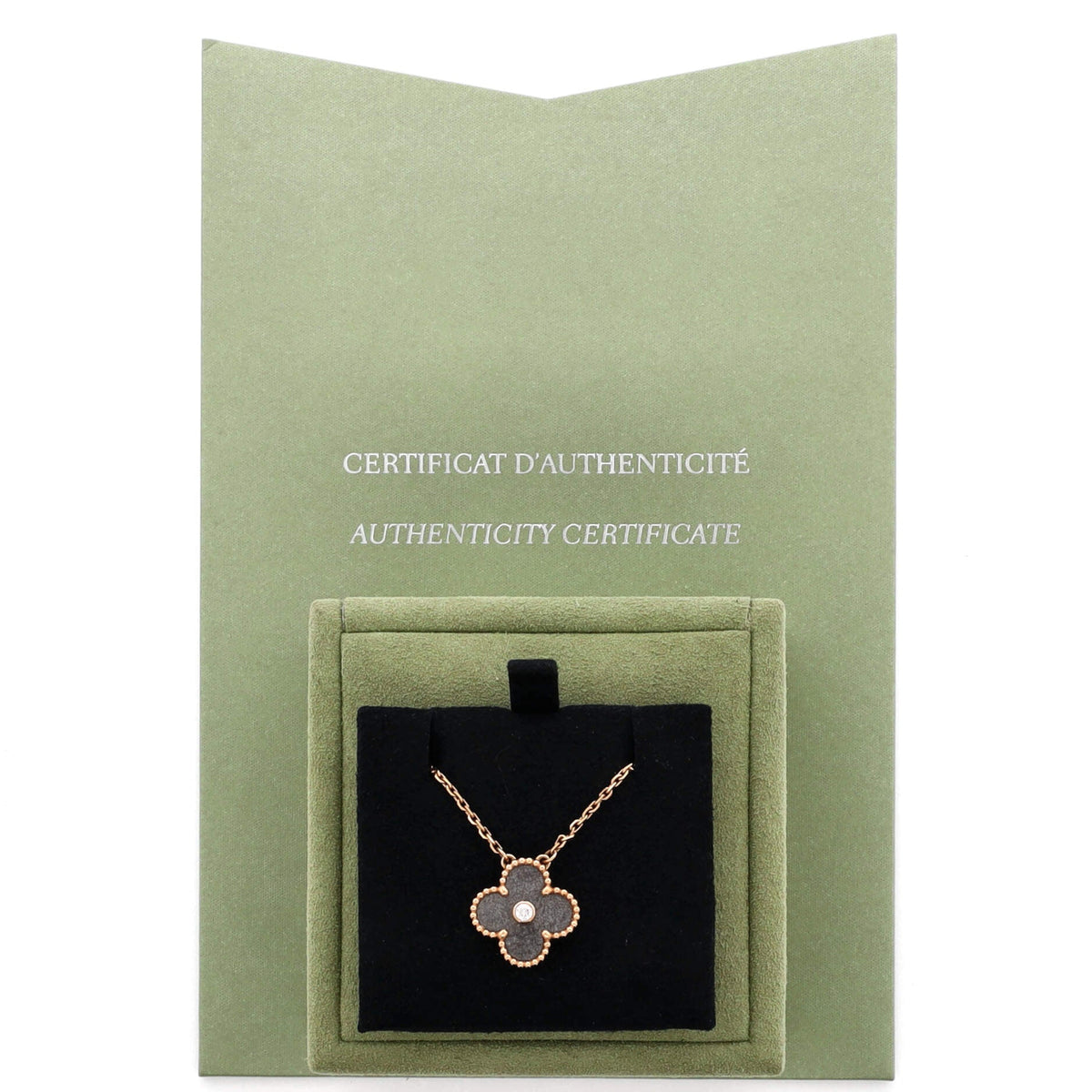 Vintage Alhambra Pendant Necklace 18K Rose Gold and Silver Obsidian with Diamond