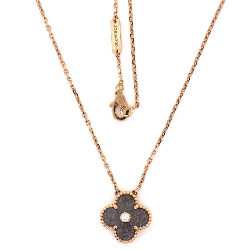 Vintage Alhambra Pendant Necklace 18K Rose Gold and Silver Obsidian with Diamond