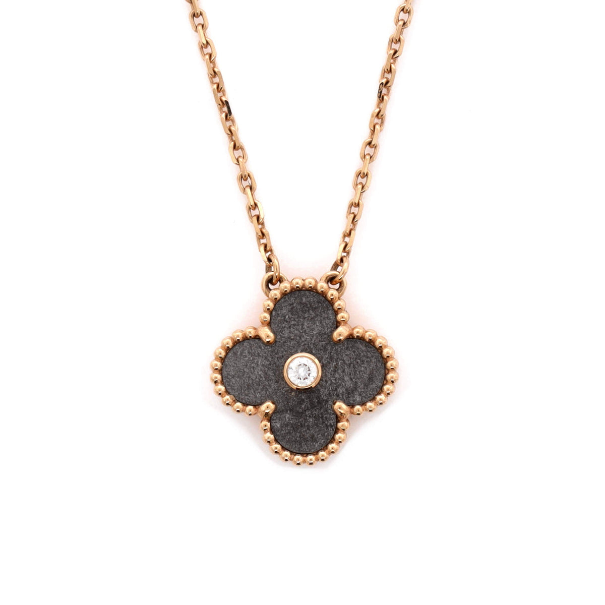 Vintage Alhambra Pendant Necklace 18K Rose Gold and Silver Obsidian with Diamond