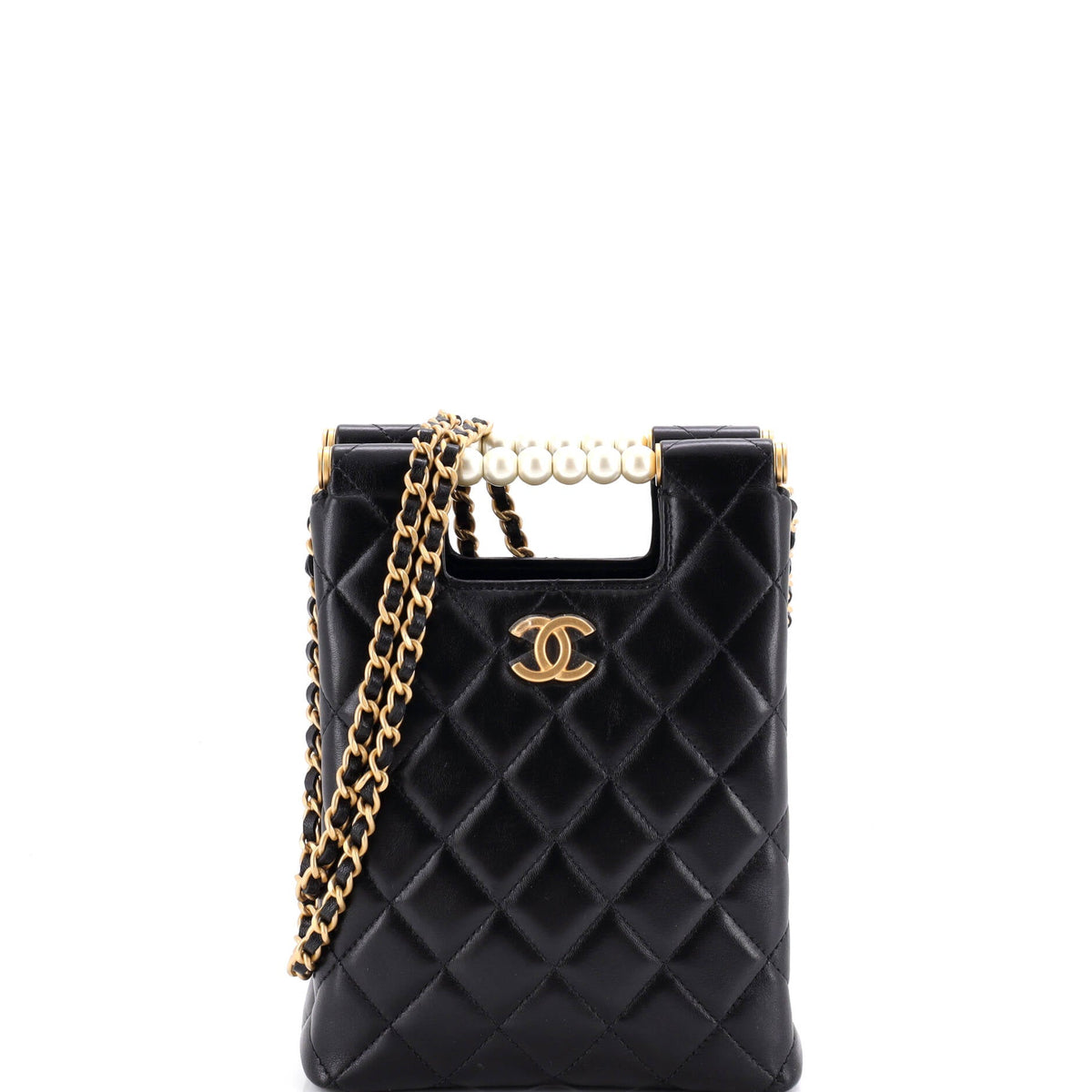 Chain Around Cut Out Handle Evening Tote Quilted Lambskin with Pearls Mini