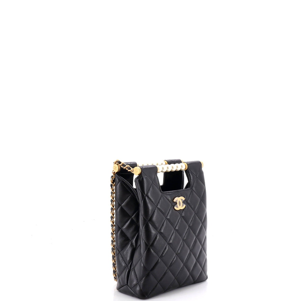 Chain Around Cut Out Handle Evening Tote Quilted Lambskin with Pearls Mini