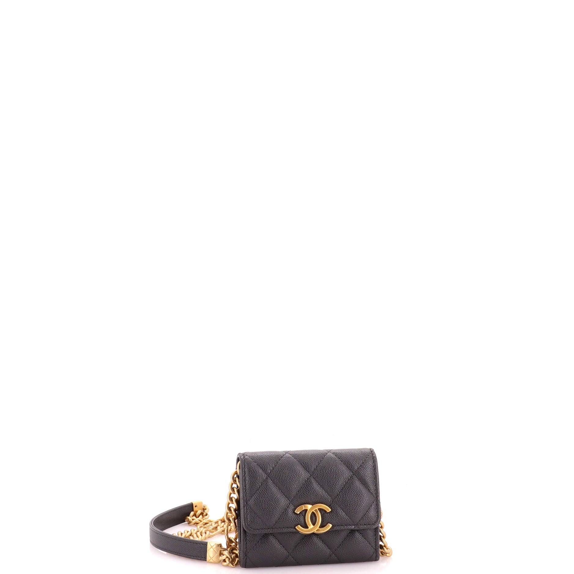 Plate Logo CC Flap Card Holder on Chain Quilted Caviar Mini