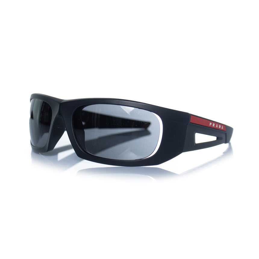 Prada, matte black sunglasses with red logo