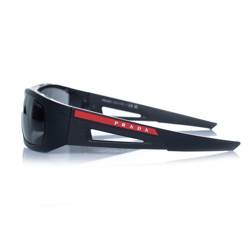 Prada, matte black sunglasses with red logo