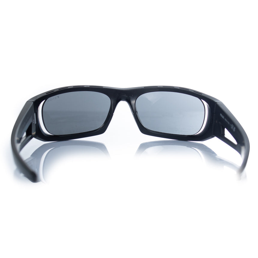 Prada, matte black sunglasses with red logo
