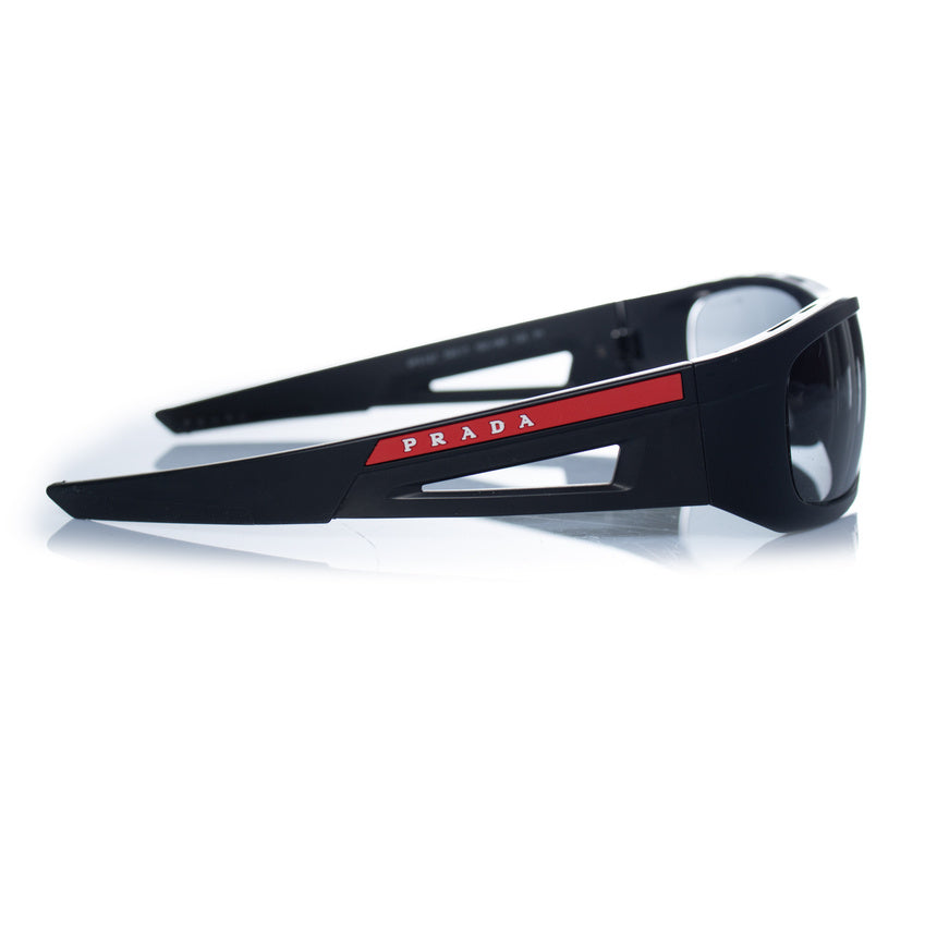 Prada, matte black sunglasses with red logo
