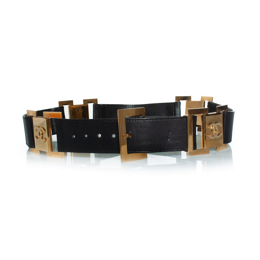 Chanel, vintage black leather logo belt