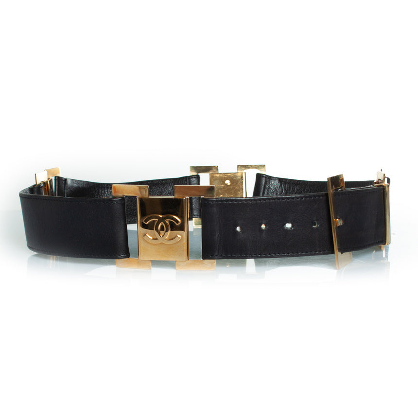 Chanel, vintage black leather logo belt