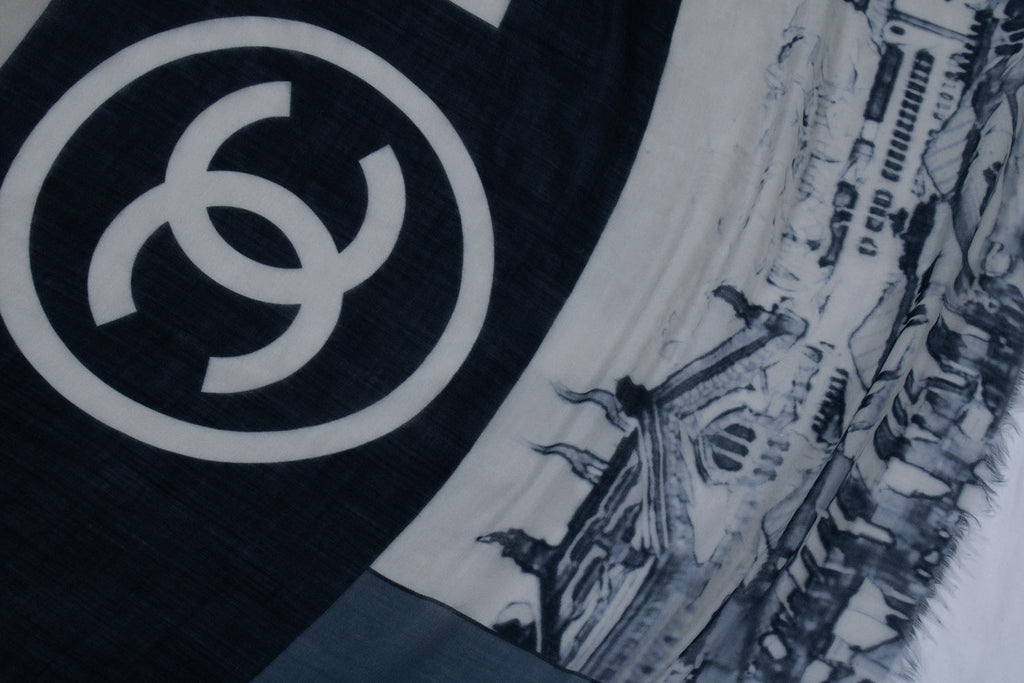 Chanel, Cashmere CC Cinema scarf in blue and white
