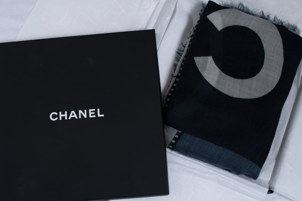Chanel, Cashmere CC Cinema scarf in blue and white