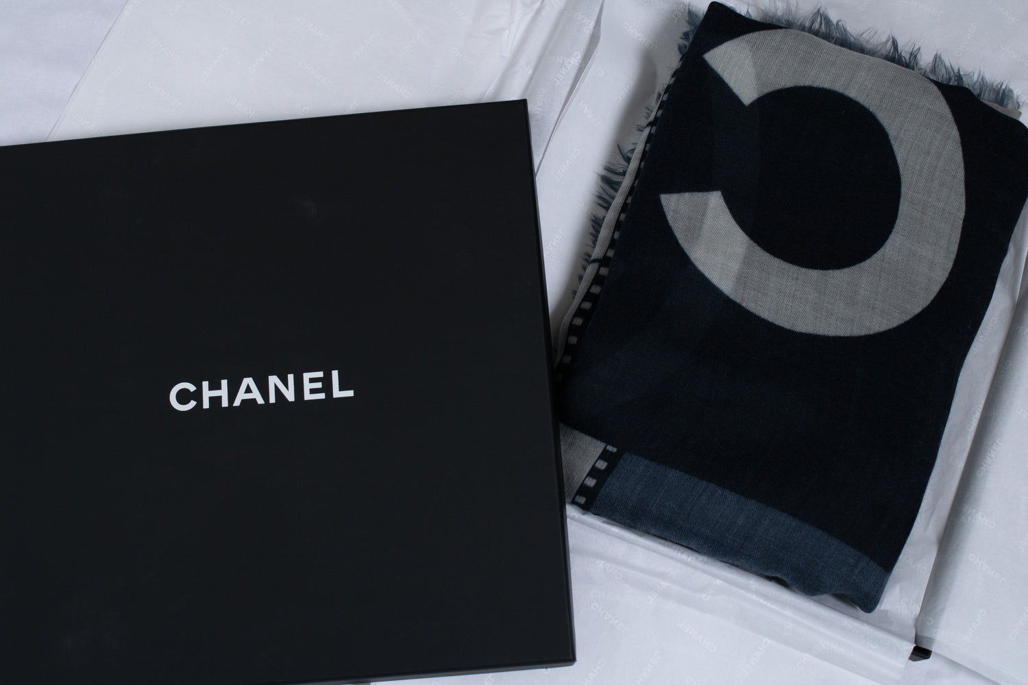 Chanel, Cashmere CC Cinema scarf in blue and white