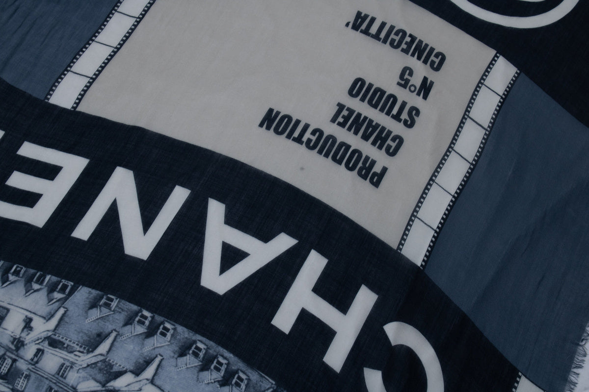 Chanel, Cashmere CC Cinema scarf in blue and white