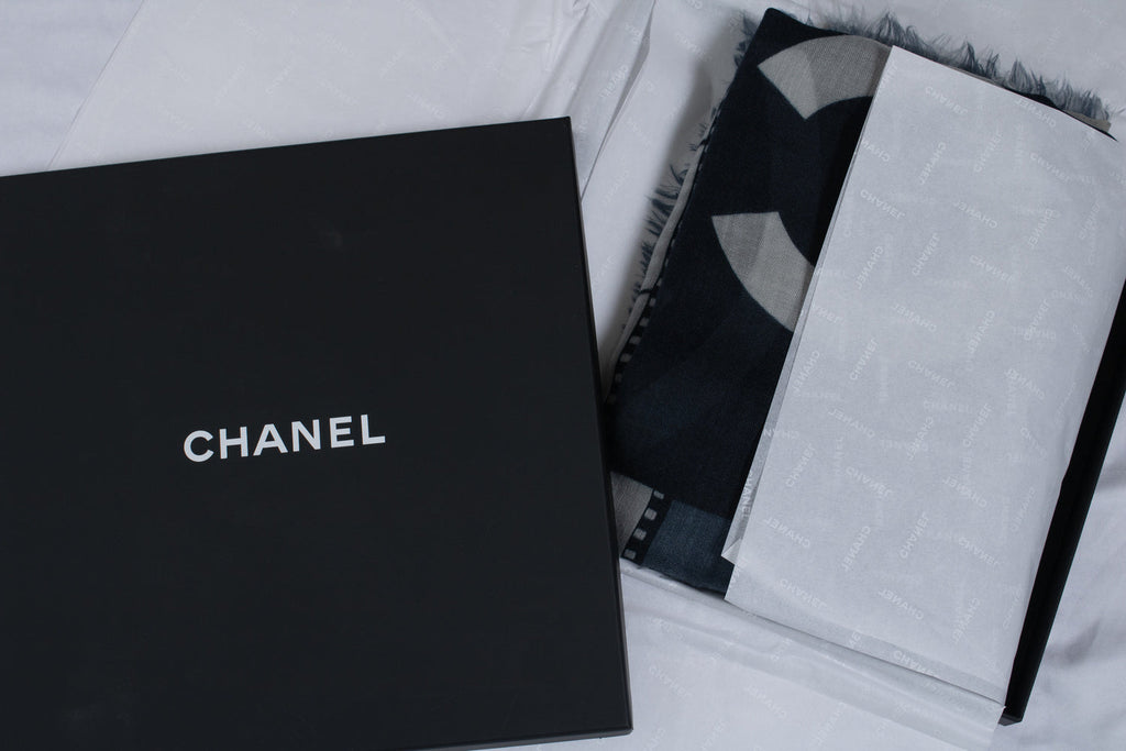 Chanel, Cashmere CC Cinema scarf in blue and white