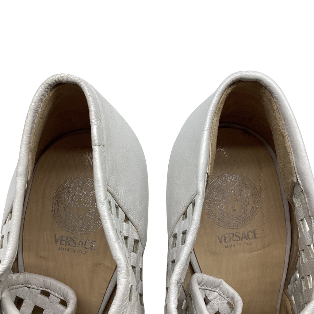 Women's Versace Lace Up High-Heeled Mules in White Leather