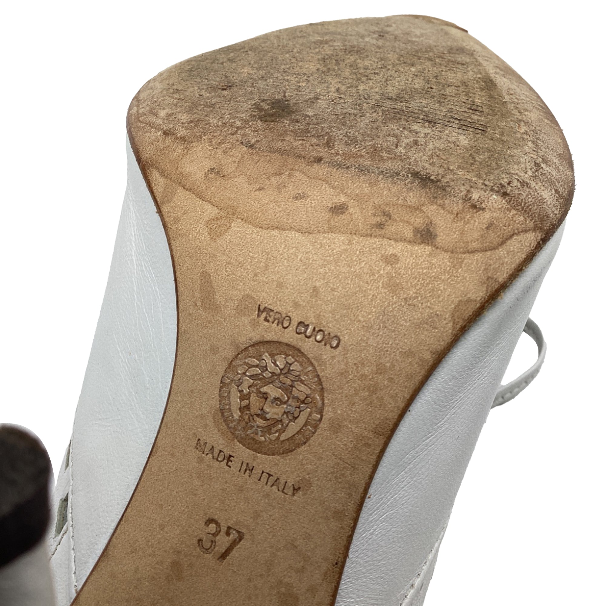 Women's Versace Lace Up High-Heeled Mules in White Leather