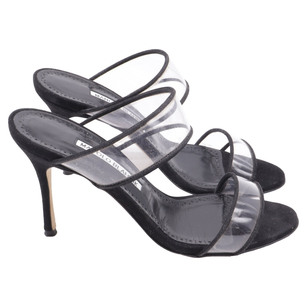 Women's Manolo Blahnik PVC Strap Heeled Mules in Black Suede