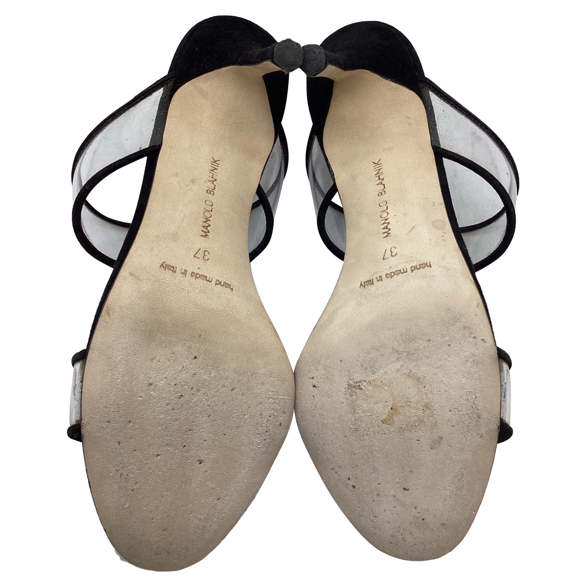 Women's Manolo Blahnik PVC Strap Heeled Mules in Black Suede