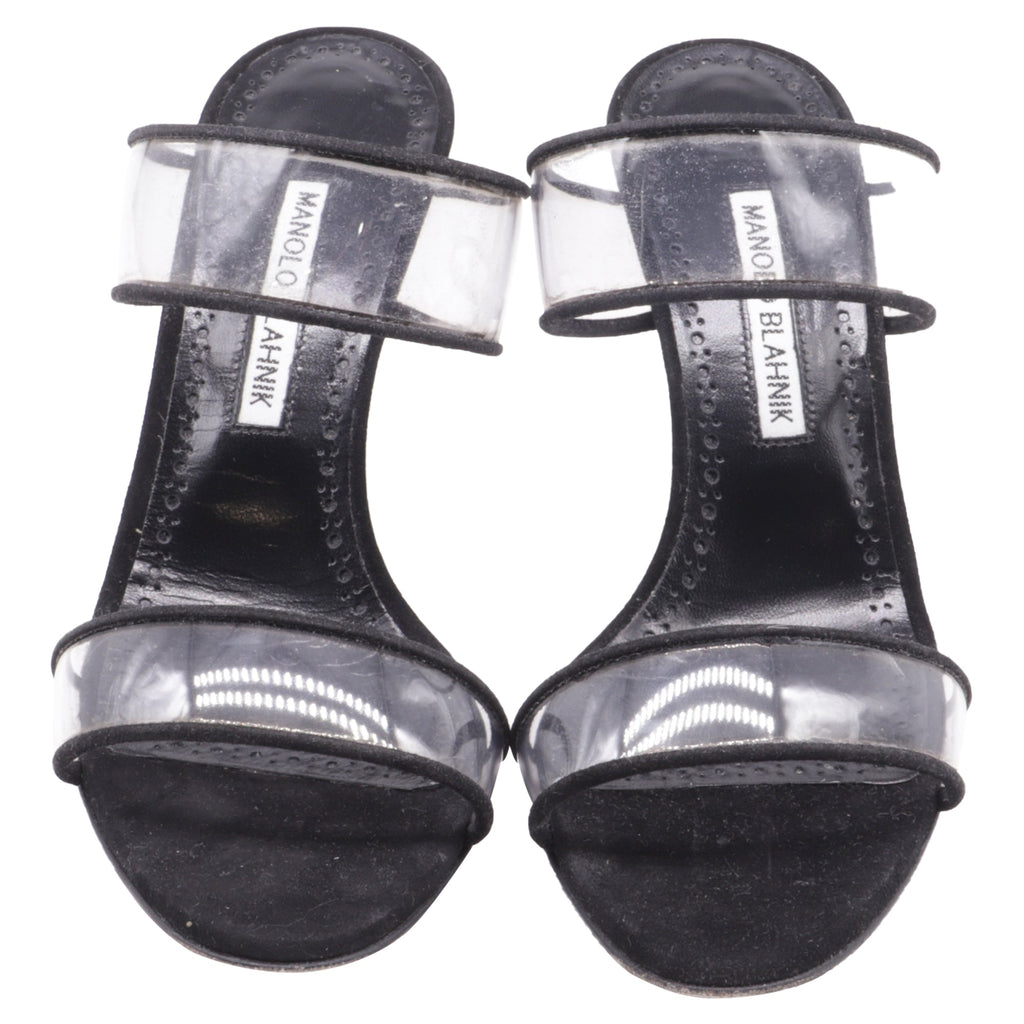 Women's Manolo Blahnik PVC Strap Heeled Mules in Black Suede