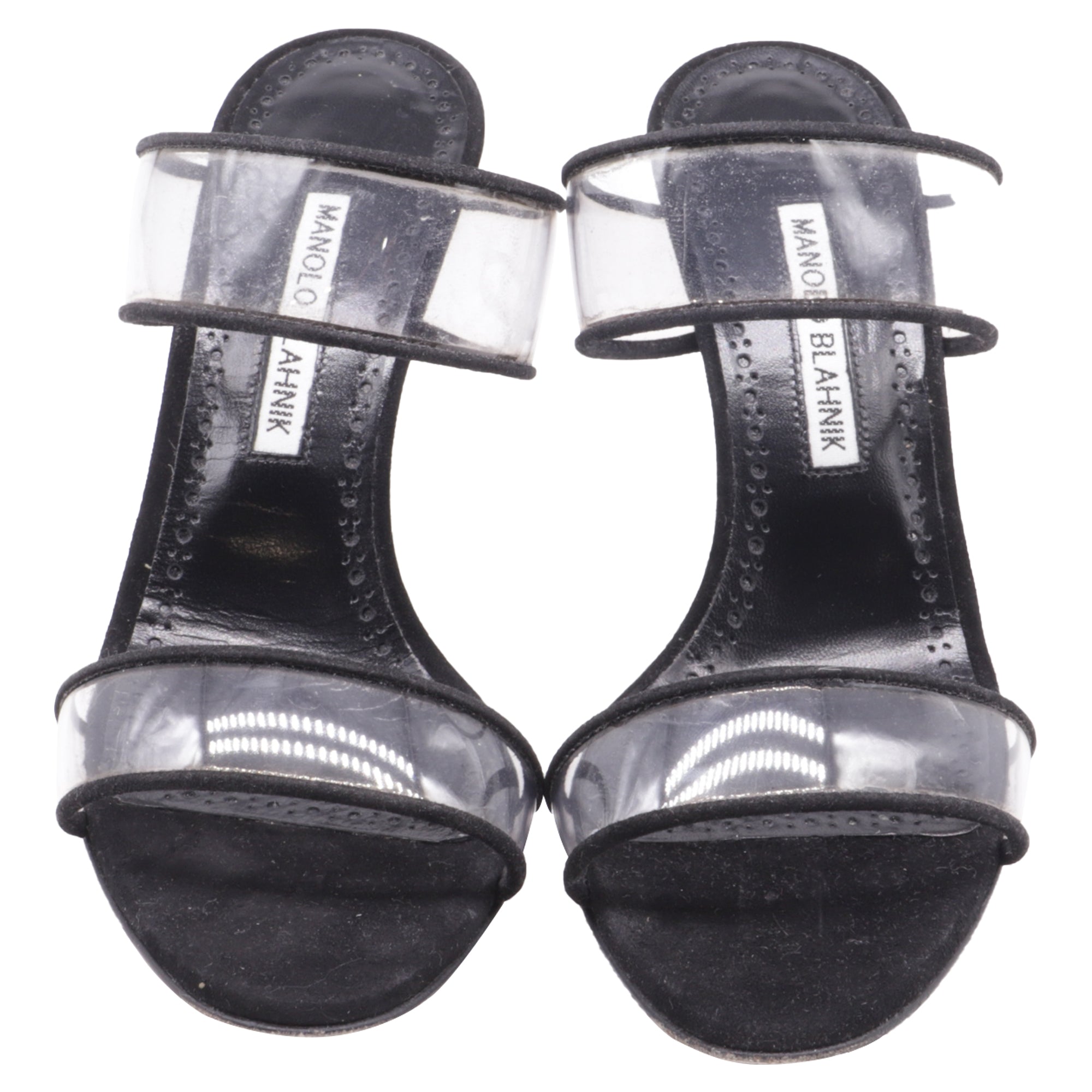 Women's Manolo Blahnik PVC Strap Heeled Mules in Black Suede