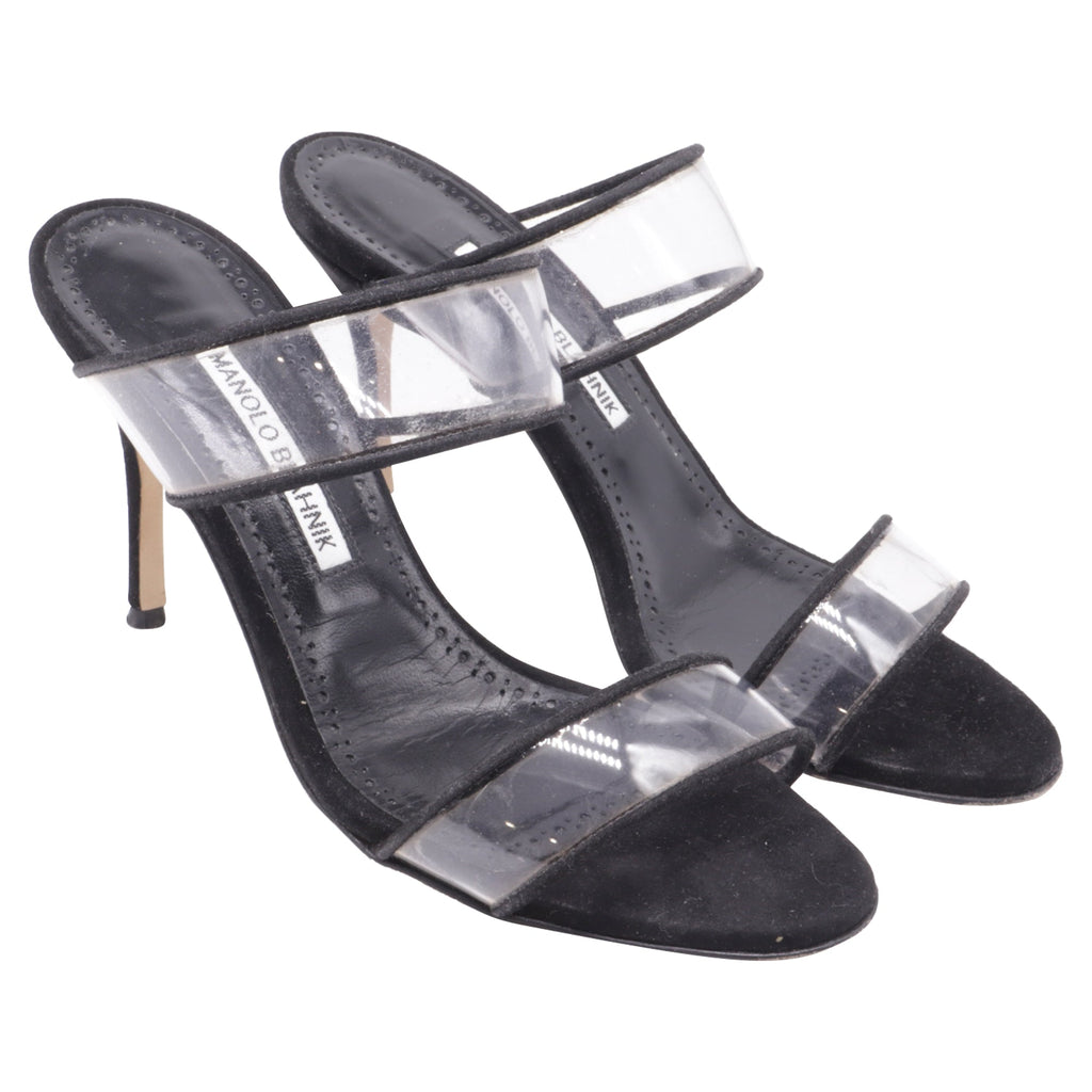 Women's Manolo Blahnik PVC Strap Heeled Mules in Black Suede