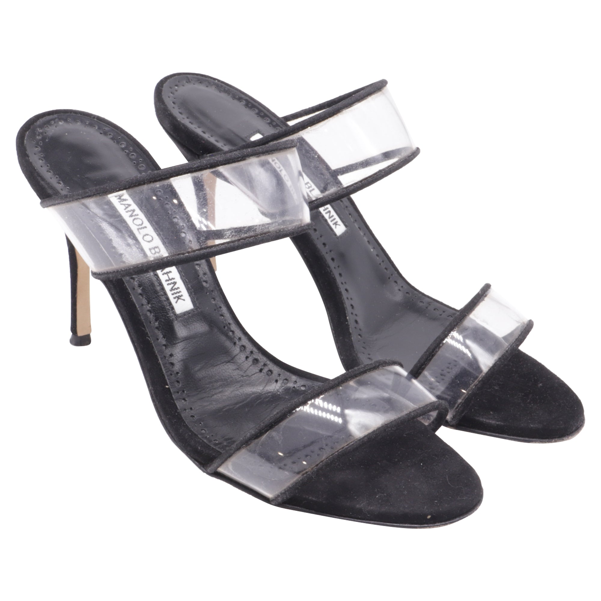 Women's Manolo Blahnik PVC Strap Heeled Mules in Black Suede