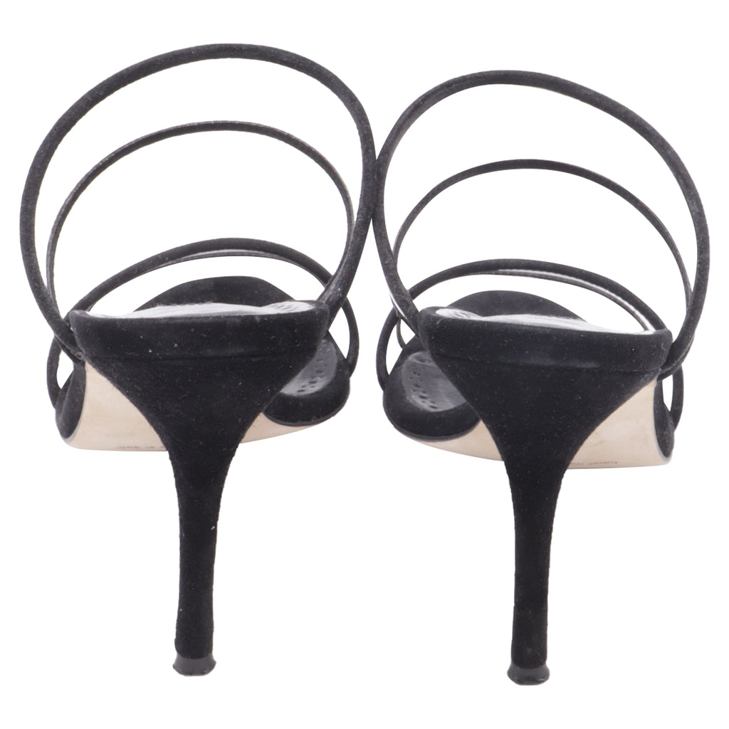 Women's Manolo Blahnik PVC Strap Heeled Mules in Black Suede
