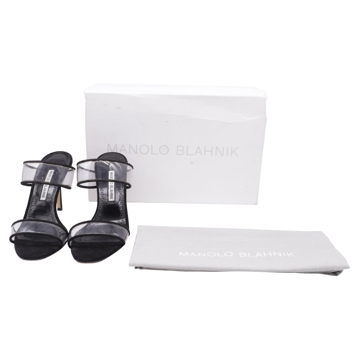 Women's Manolo Blahnik PVC Strap Heeled Mules in Black Suede