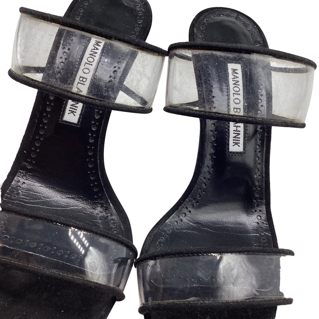 Women's Manolo Blahnik PVC Strap Heeled Mules in Black Suede