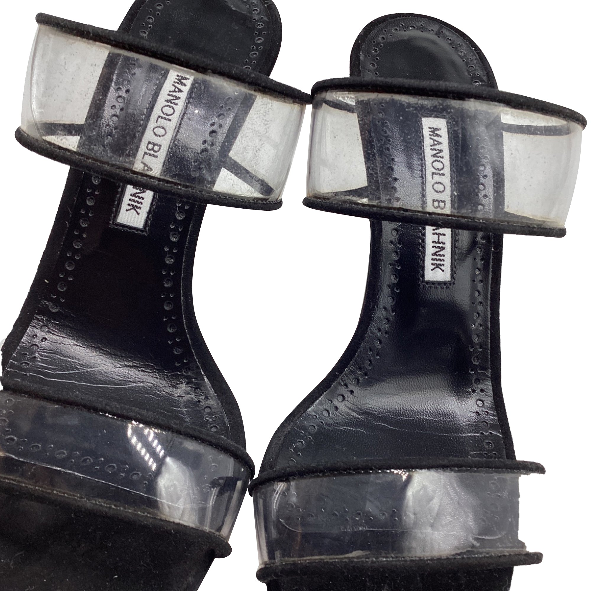 Women's Manolo Blahnik PVC Strap Heeled Mules in Black Suede