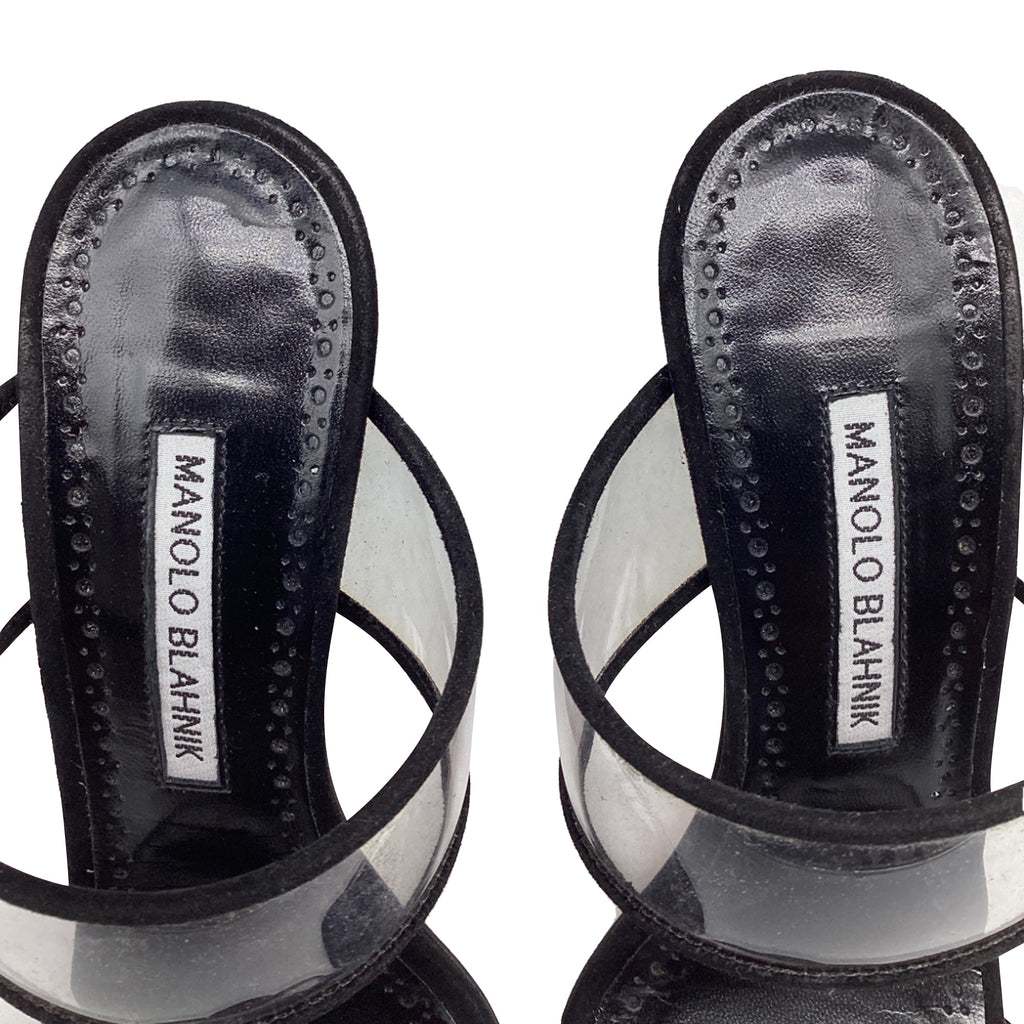 Women's Manolo Blahnik PVC Strap Heeled Mules in Black Suede