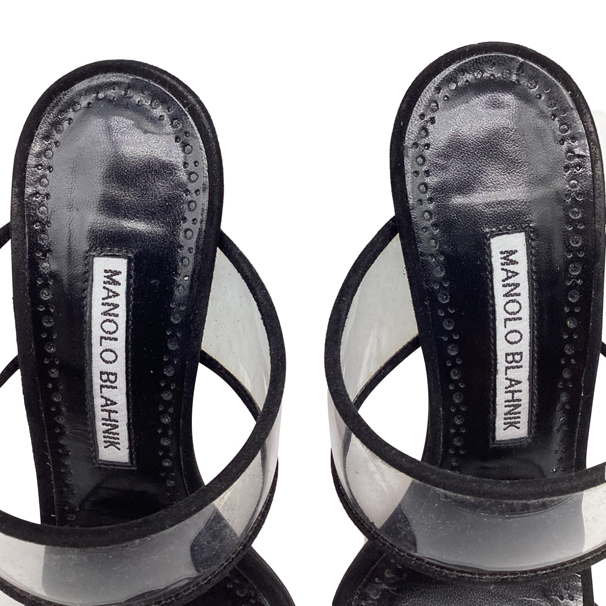 Women's Manolo Blahnik PVC Strap Heeled Mules in Black Suede