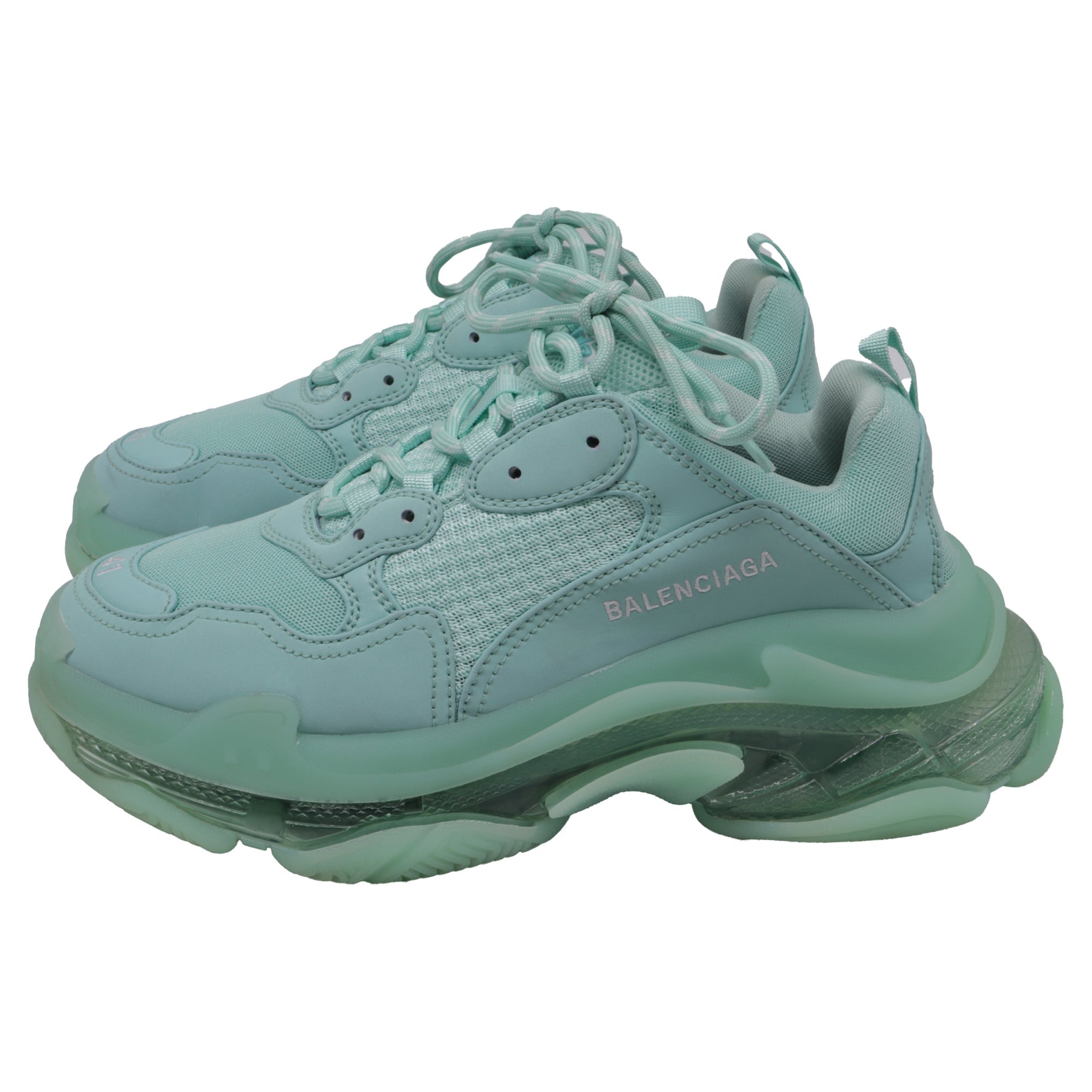 Women's Balenciaga Triple S Clear Sole Sneakers in Mint Polyester